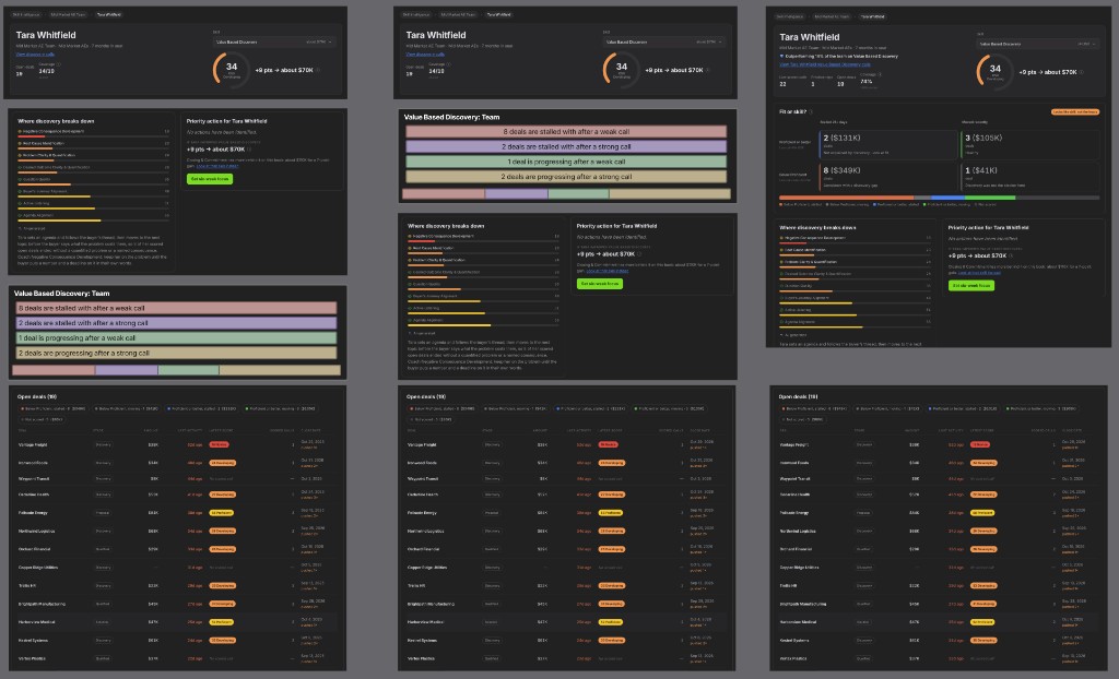 Three Figma layouts of Tara Whitfield side by side, reordering the score, the breakdown, the bars, and the deal list. The right-hand frame replaces the chart with four dollar cells.