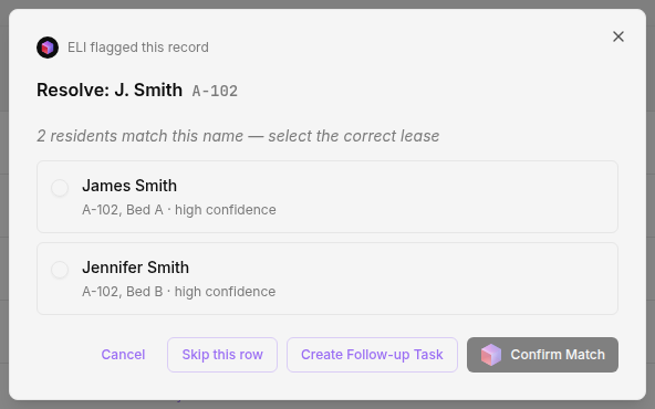 Resolve dialog for J. Smith in A-102, offering James Smith in Bed A or Jennifer Smith in Bed B, both at high confidence, before confirm.