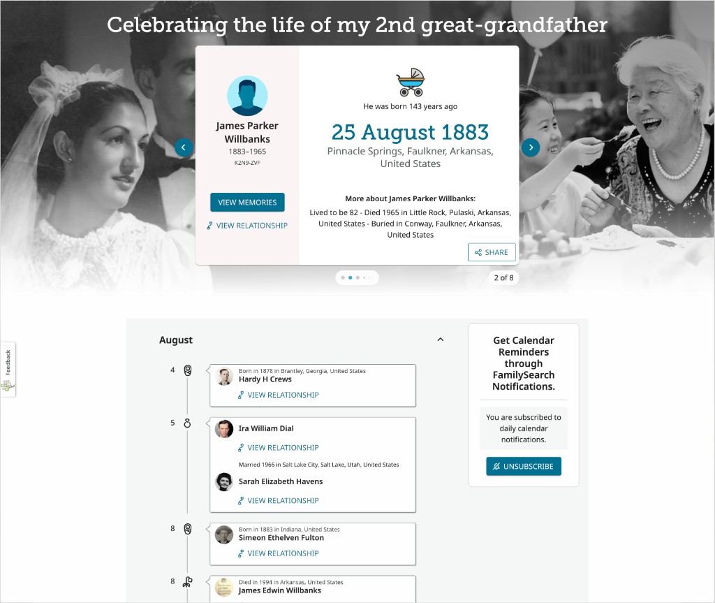 FamilySearch calendar discovery: celebrating the life of my 2nd great-grandfather, with an August list of ancestor dates and notification subscribe state.