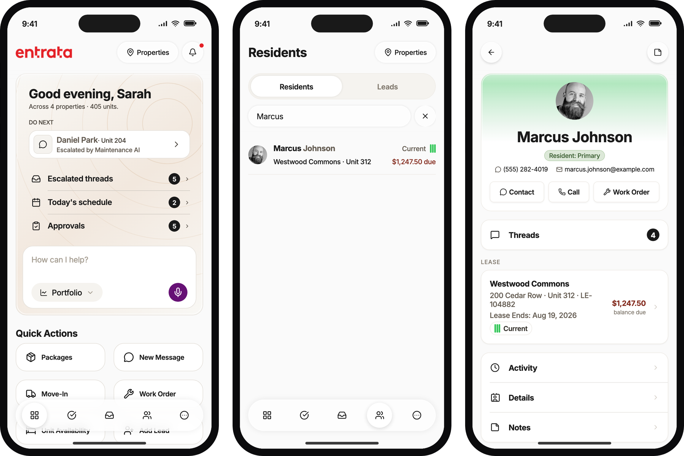 Three phone screens from the OXP Expo prototype: Command Center home, resident search results for Marcus Johnson, and his profile hub.