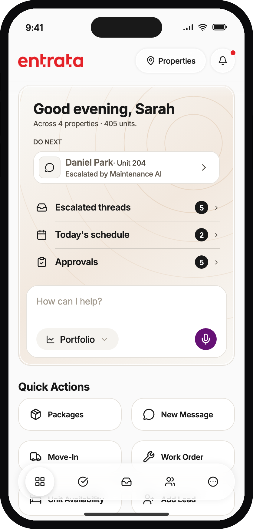 OXP Command Center home with Daily Briefing 2.0: a Do Next escalation for Daniel Park, plus escalated threads, schedule, and approvals.