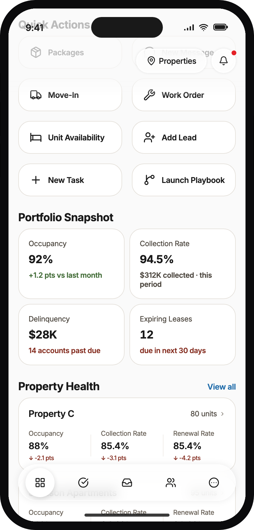 Command Center Quick Actions grid with Packages, Properties, Move-In, Work Order, and related field verbs.