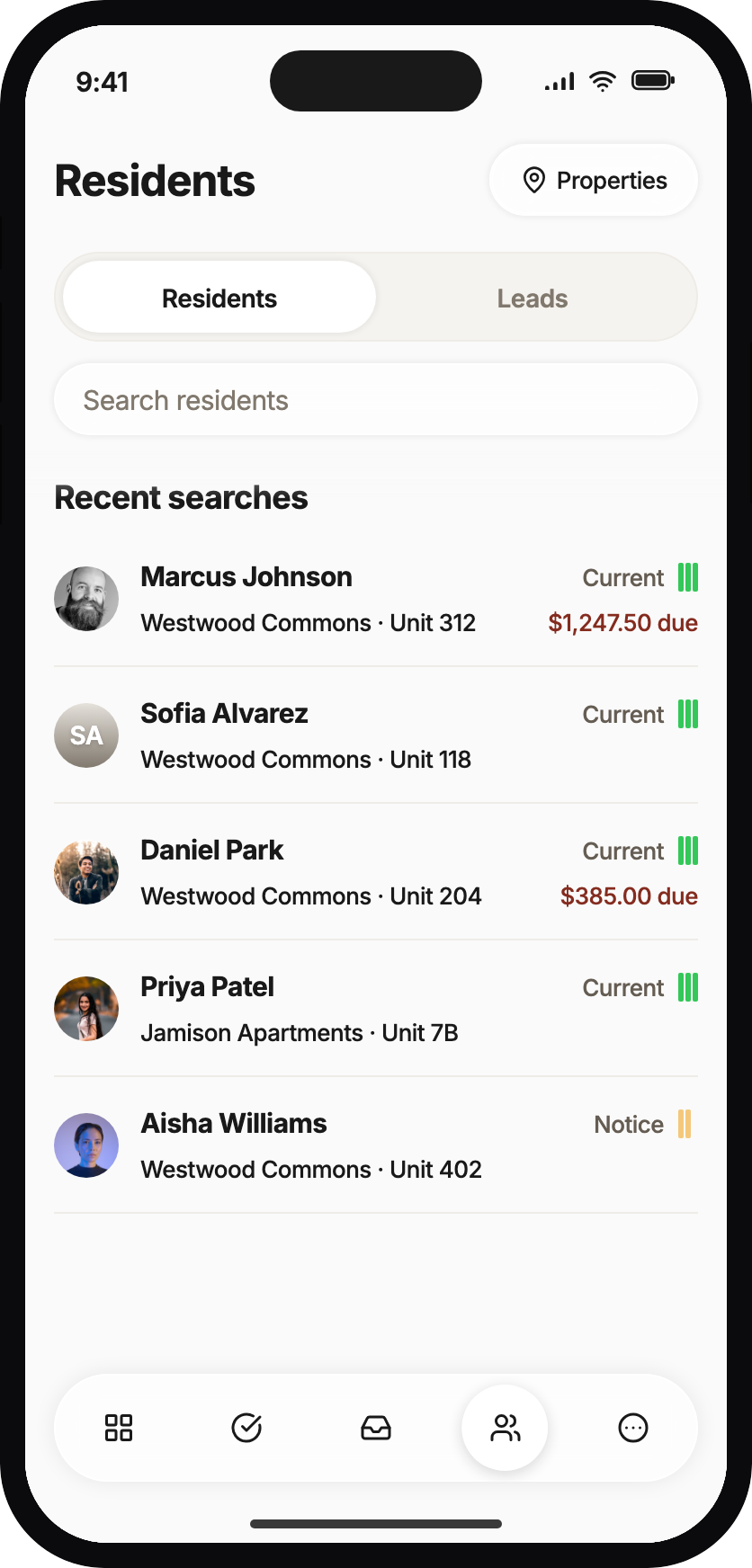 Residents tab with search field and recent searches, not a full directory list.