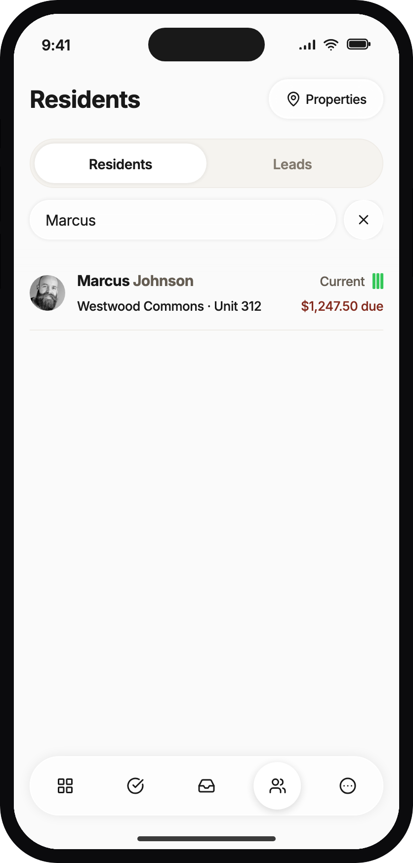 Search results for Marcus showing Marcus Johnson at Westwood Commons with a balance due.