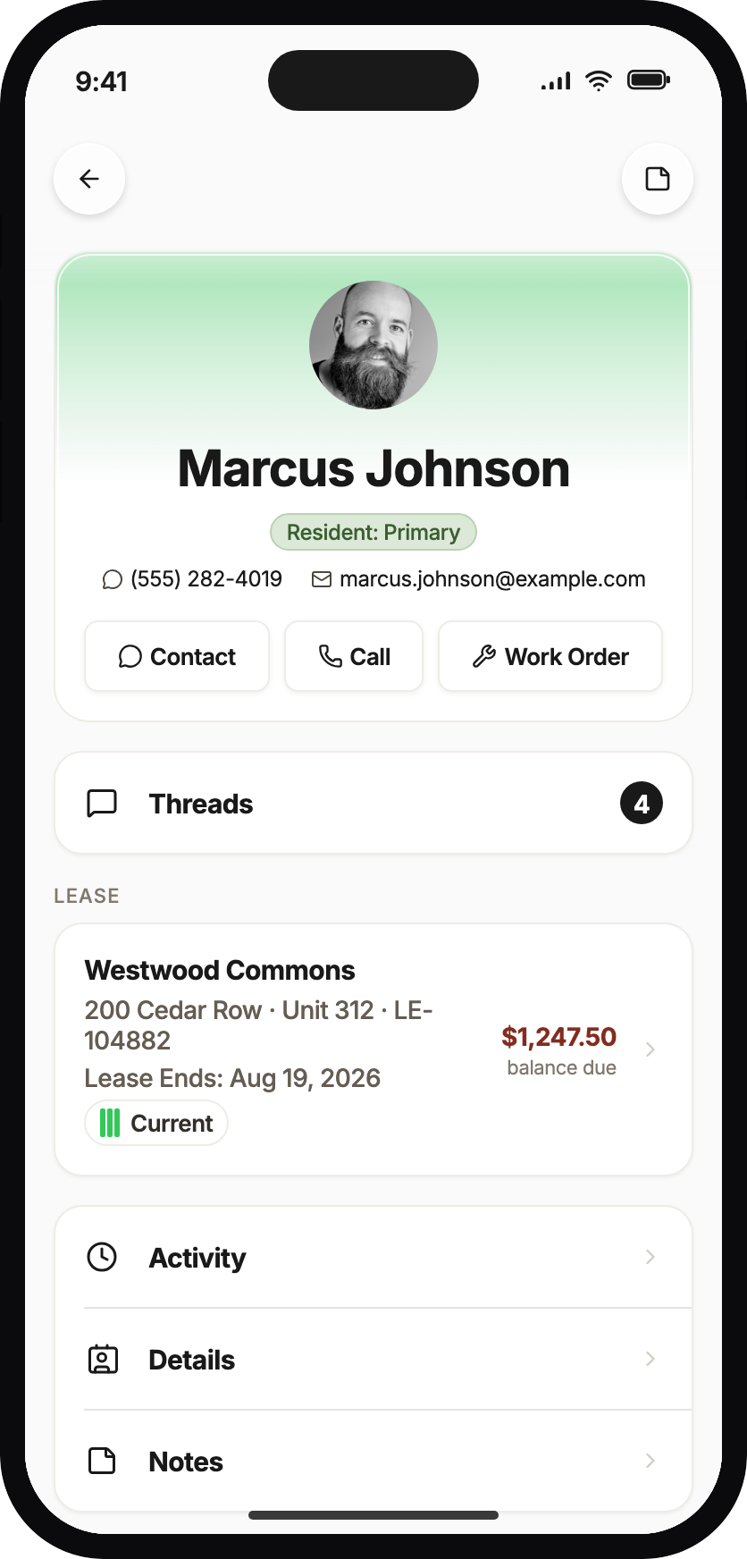 Marcus Johnson resident profile hub with contact actions, lease snapshot, balance due, and drill-in rows.