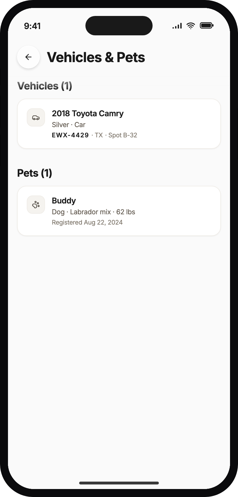 Vehicles and Pets screen for Marcus Johnson showing a silver Toyota Camry and plate EWX-4429.