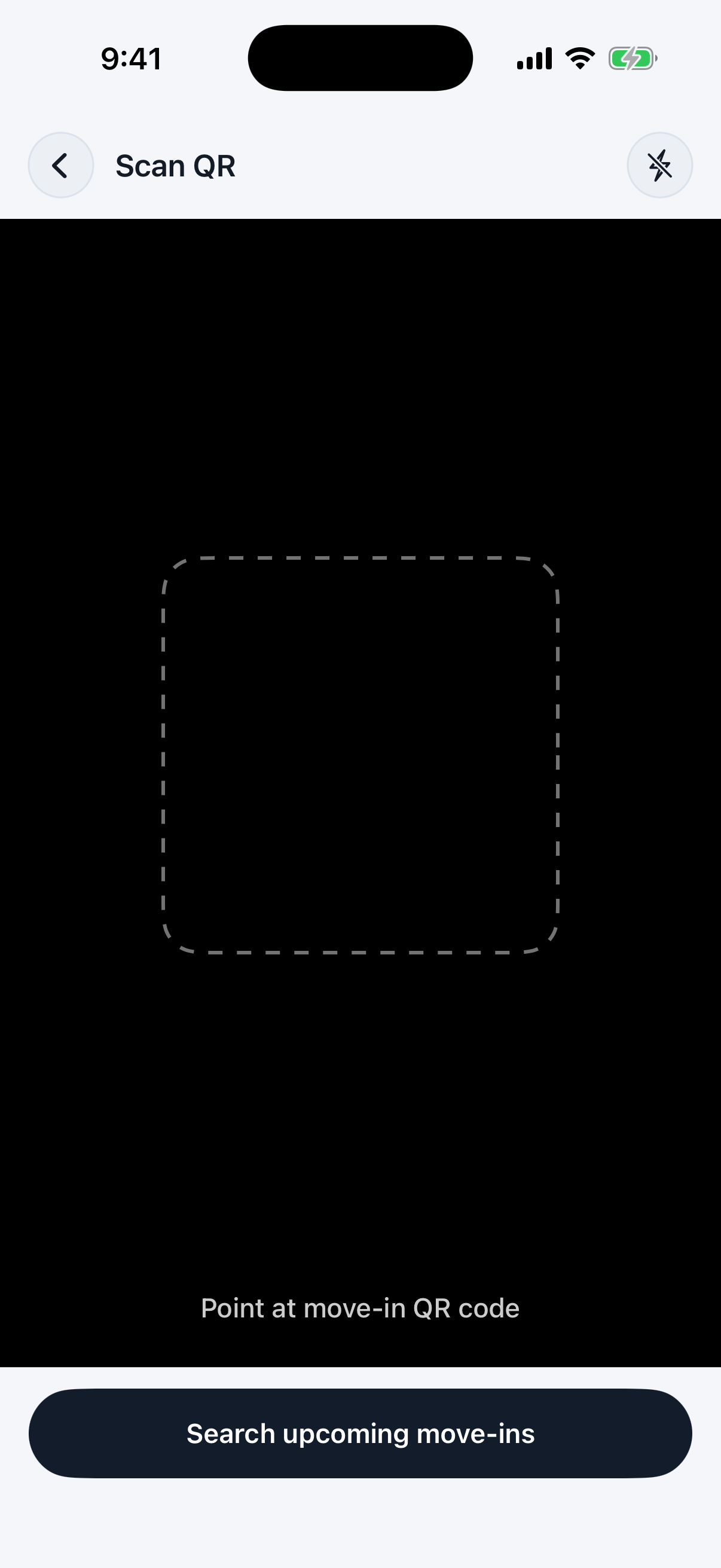 Scan QR screen with a camera viewfinder and a Search upcoming move-ins button at the bottom.