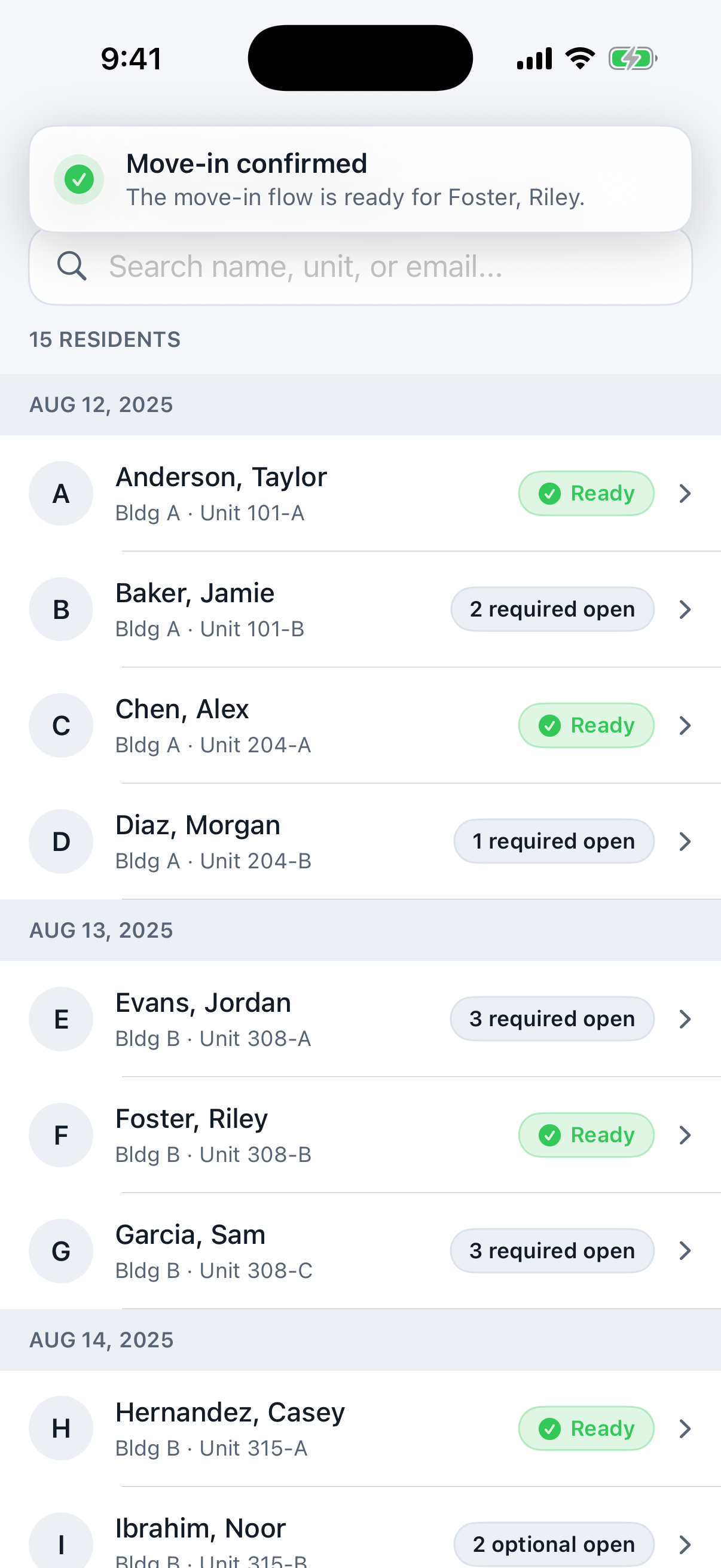 Later roster with a Move-in confirmed toast that dismisses on its own.
