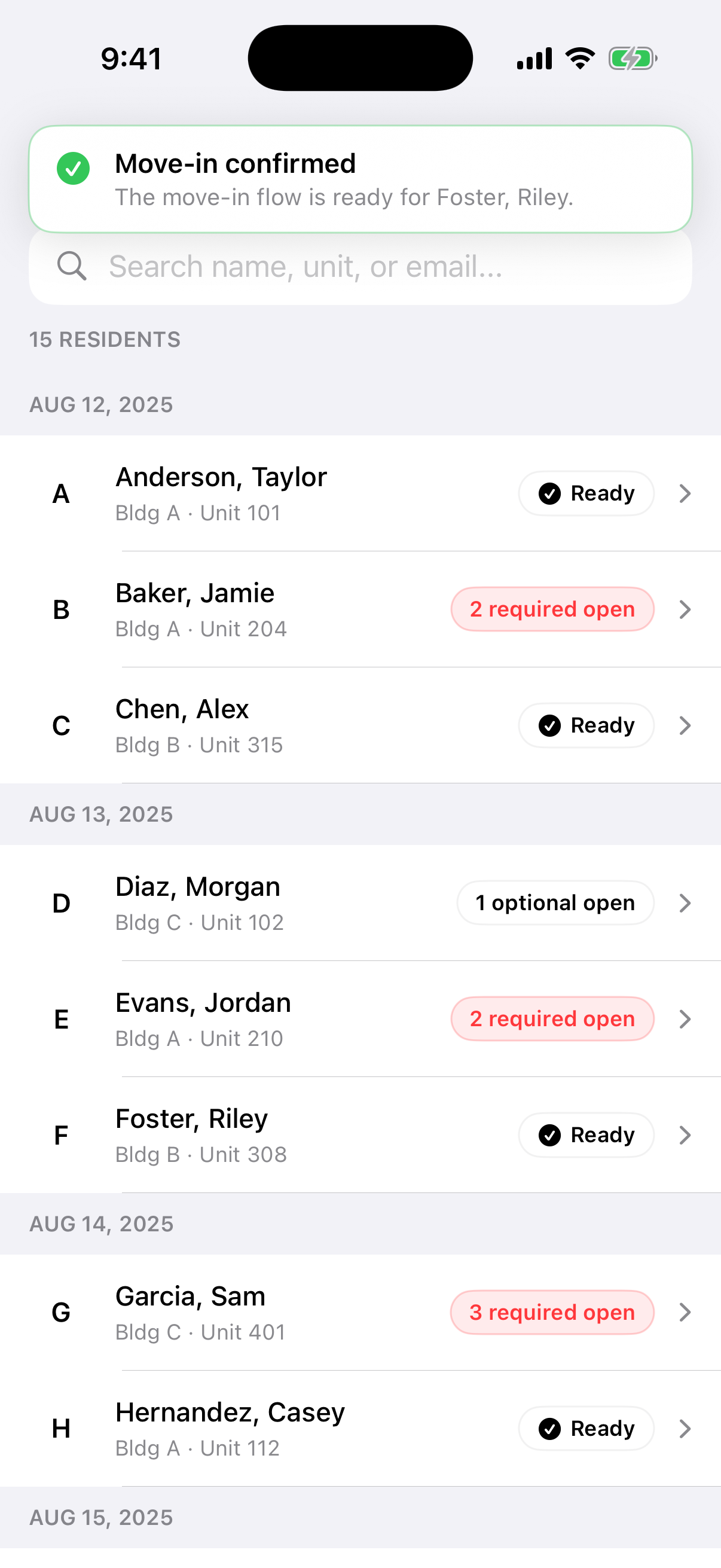 Roster with a Move-in confirmed toast at the top of the screen.
