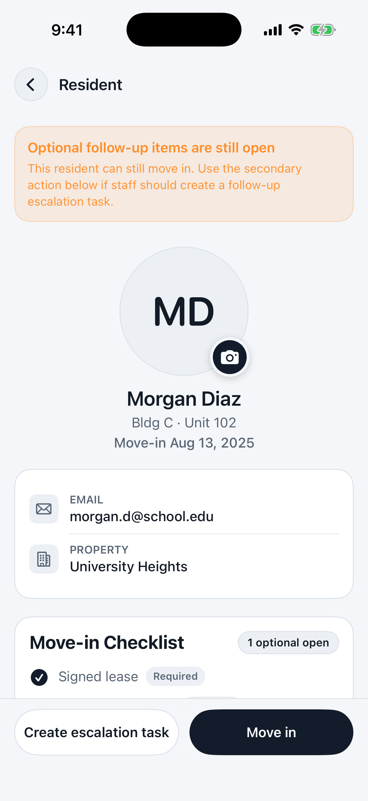 Morgan Diaz summary with an orange warning about optional follow-up items and side-by-side Create escalation task and Move in buttons.