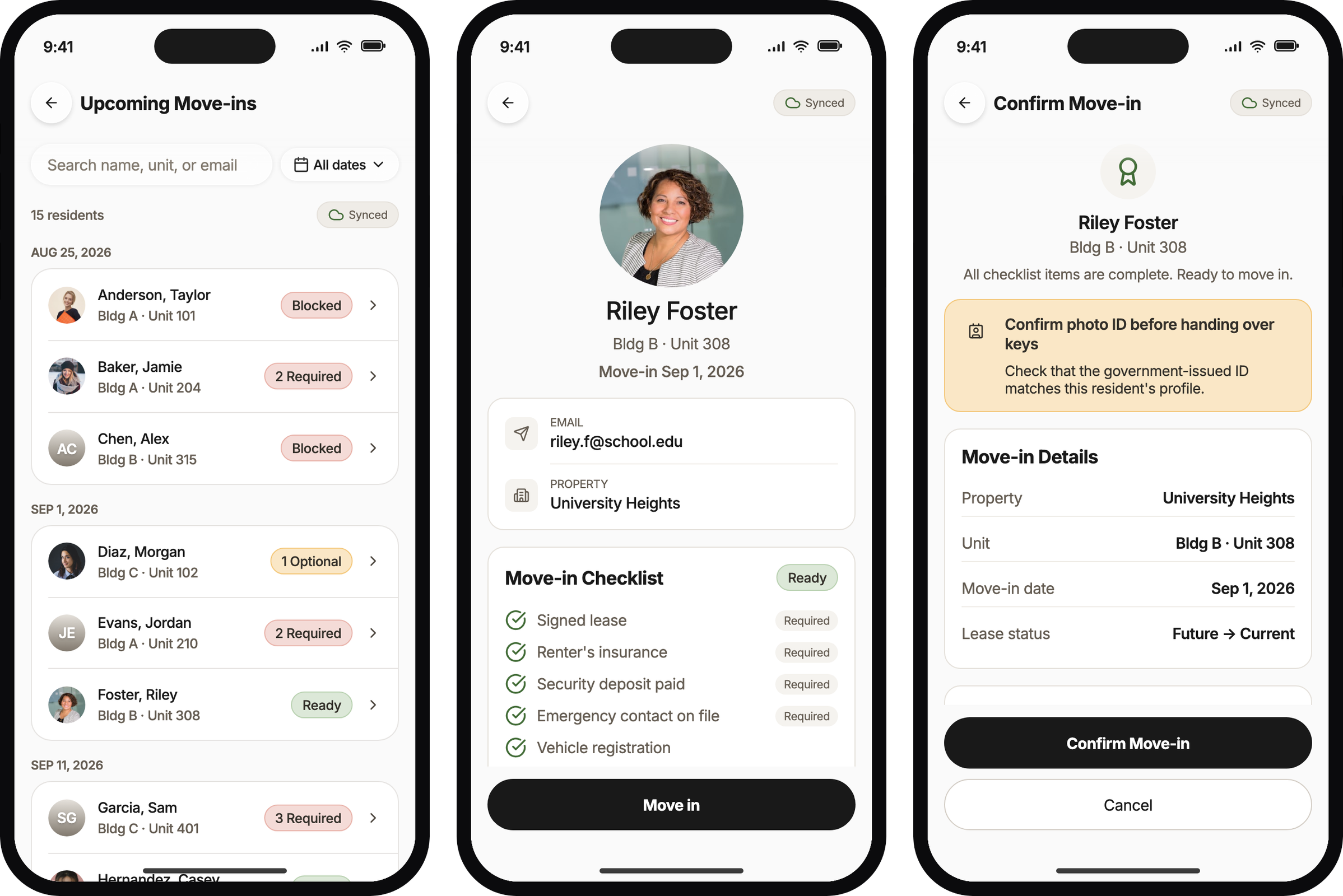 Three phone screens from the move-in prototype: the upcoming roster, Riley Foster’s ready summary, and the confirm step.