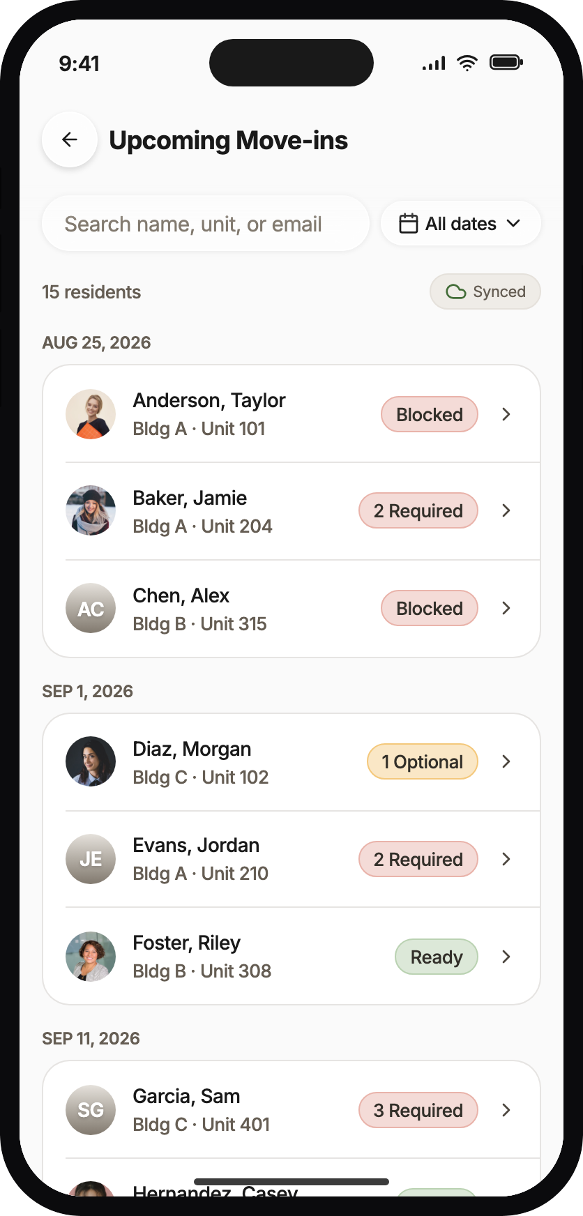 Upcoming Move-ins roster with search, a date filter, and Ready, Optional, Required, and Blocked badges.
