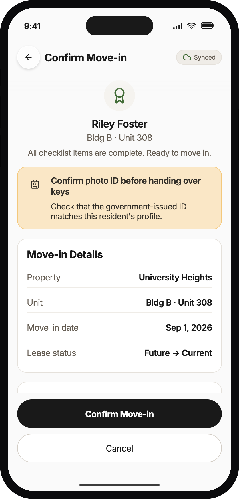 Confirm Move-in screen with a Verify ID callout and a Confirm Move-in button.