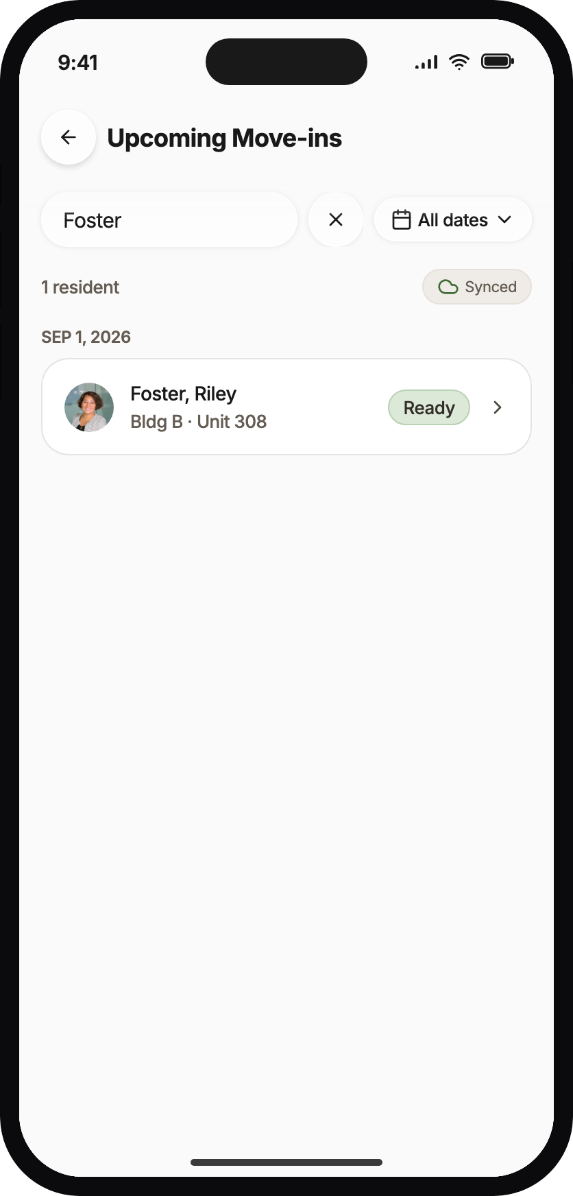 Search results for Foster showing Riley Foster on the upcoming move-ins roster.