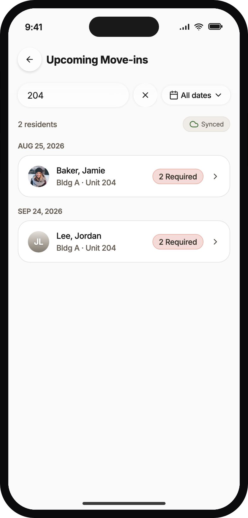 Search results for unit 204 showing Jamie Baker and Jordan Lee as roommates in Building A, Unit 204.