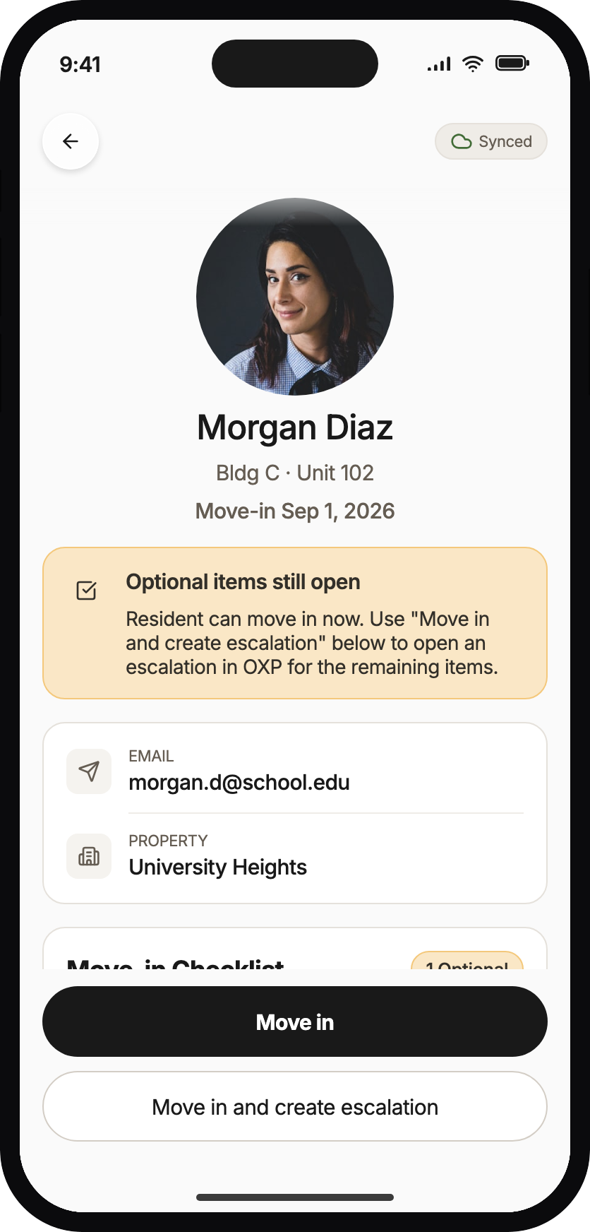 Morgan Diaz summary with optional items still open and two actions: Move in, or Move in and create escalation.