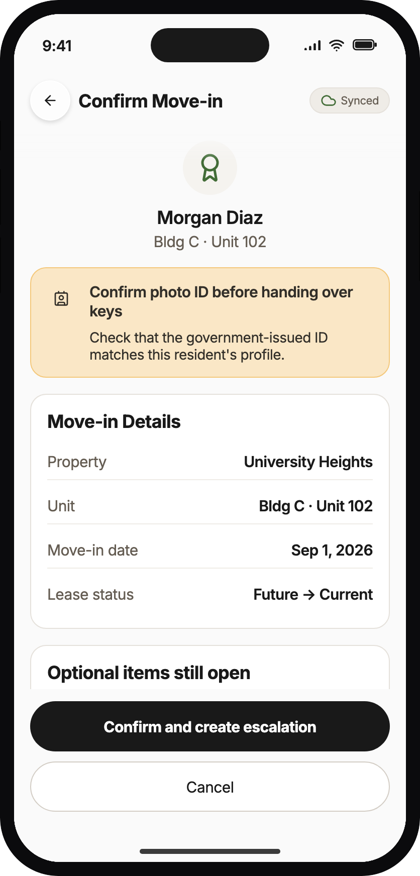 Confirm screen for a move-in that also creates an escalation task.