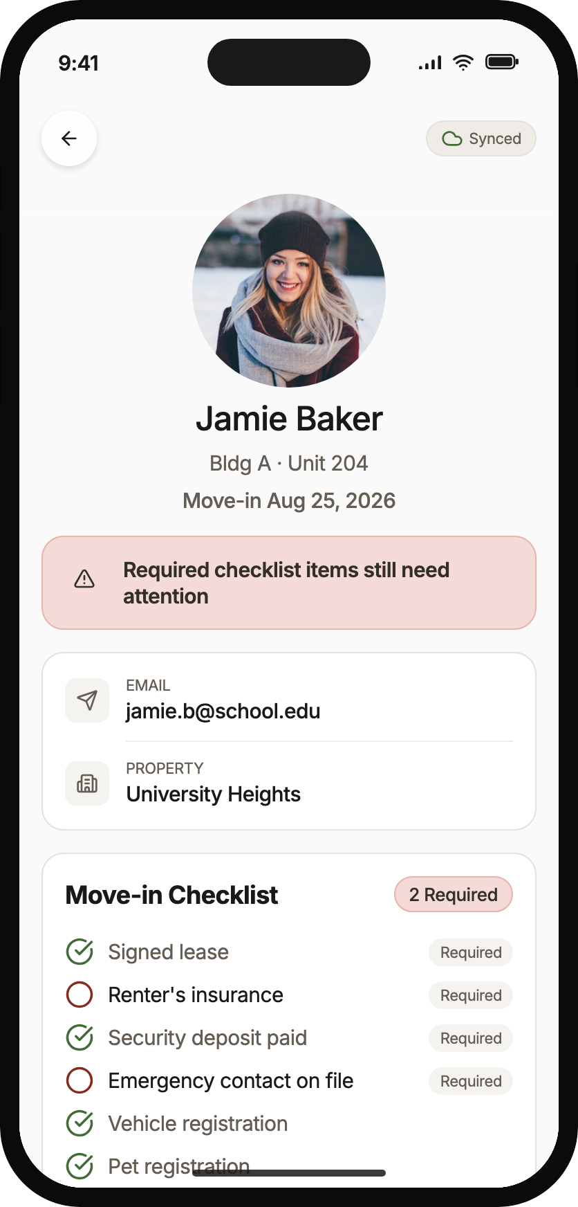 Jamie Baker summary showing required checklist items still need attention, with Move in unavailable.
