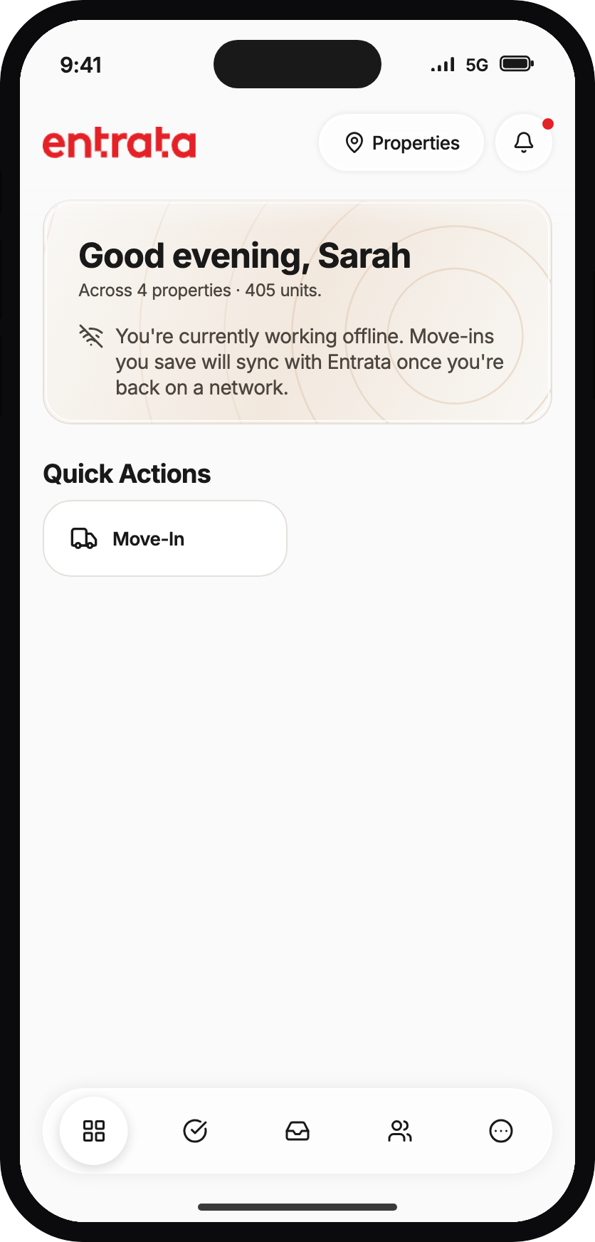 Command Center home while offline, showing an offline message and Move-In as the only Quick Action.