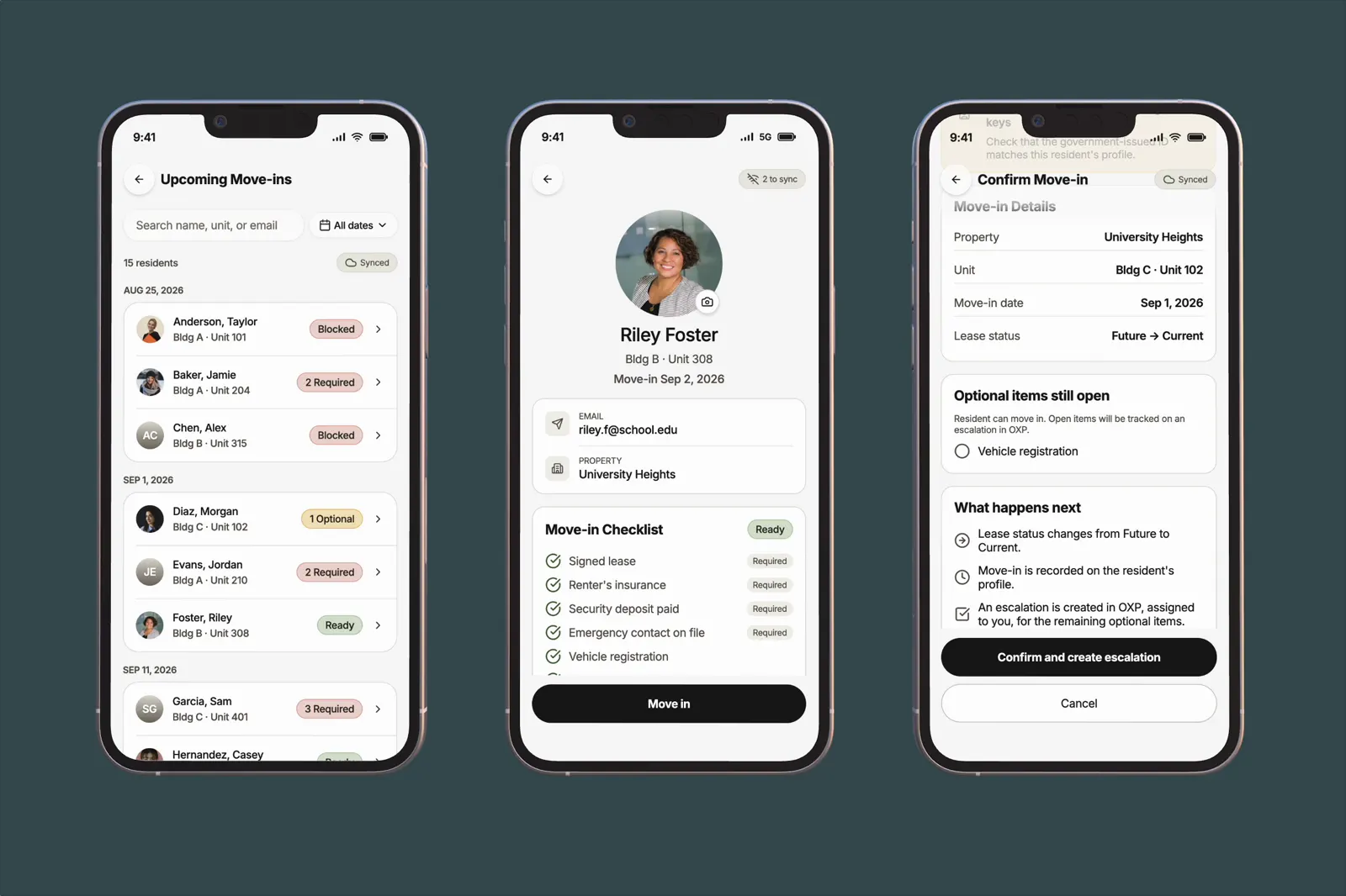 Three iPhone screens: Upcoming Move-ins roster, Riley Foster summary, and Confirm Move-in.