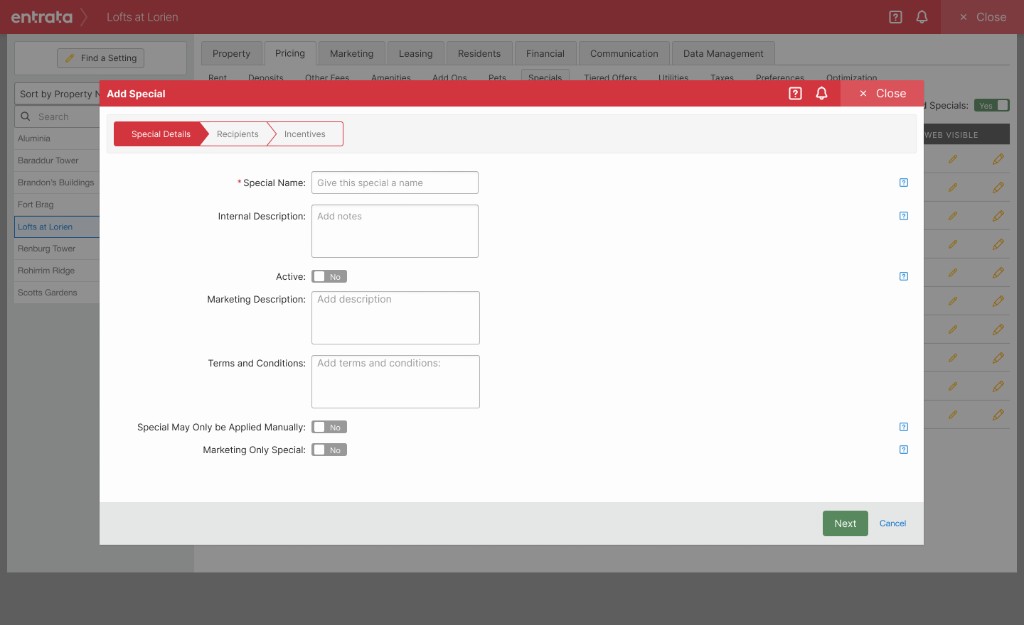 Add Special modal on step Special Details: name, descriptions, and a few toggles.