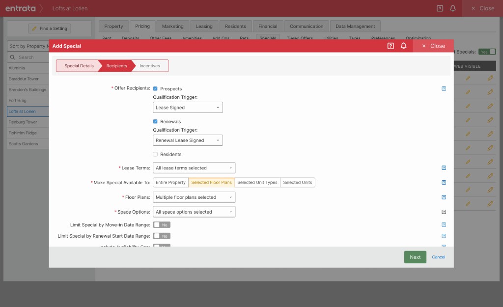 Add Special modal on step Recipients, with Prospects and Renewals checked and Selected Floor Plans active.