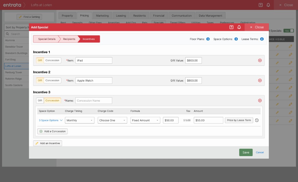 Add Special modal on step Incentives, with two gifts and one concession summarizing three space options.