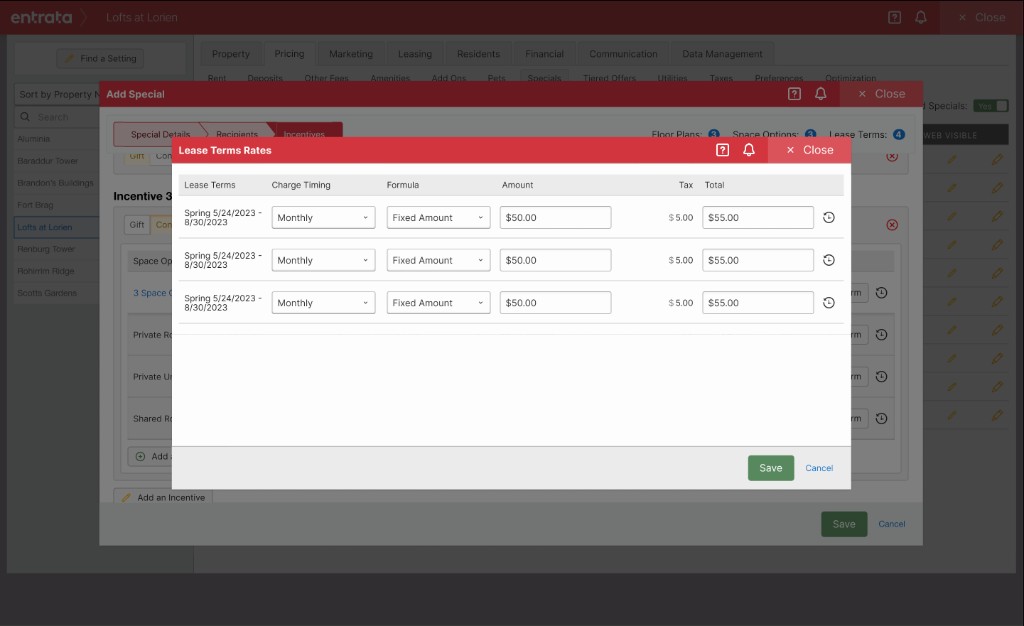 Lease Terms Rates dialog stacked on Add Special, with a row per spring lease term for amount, tax, and total.