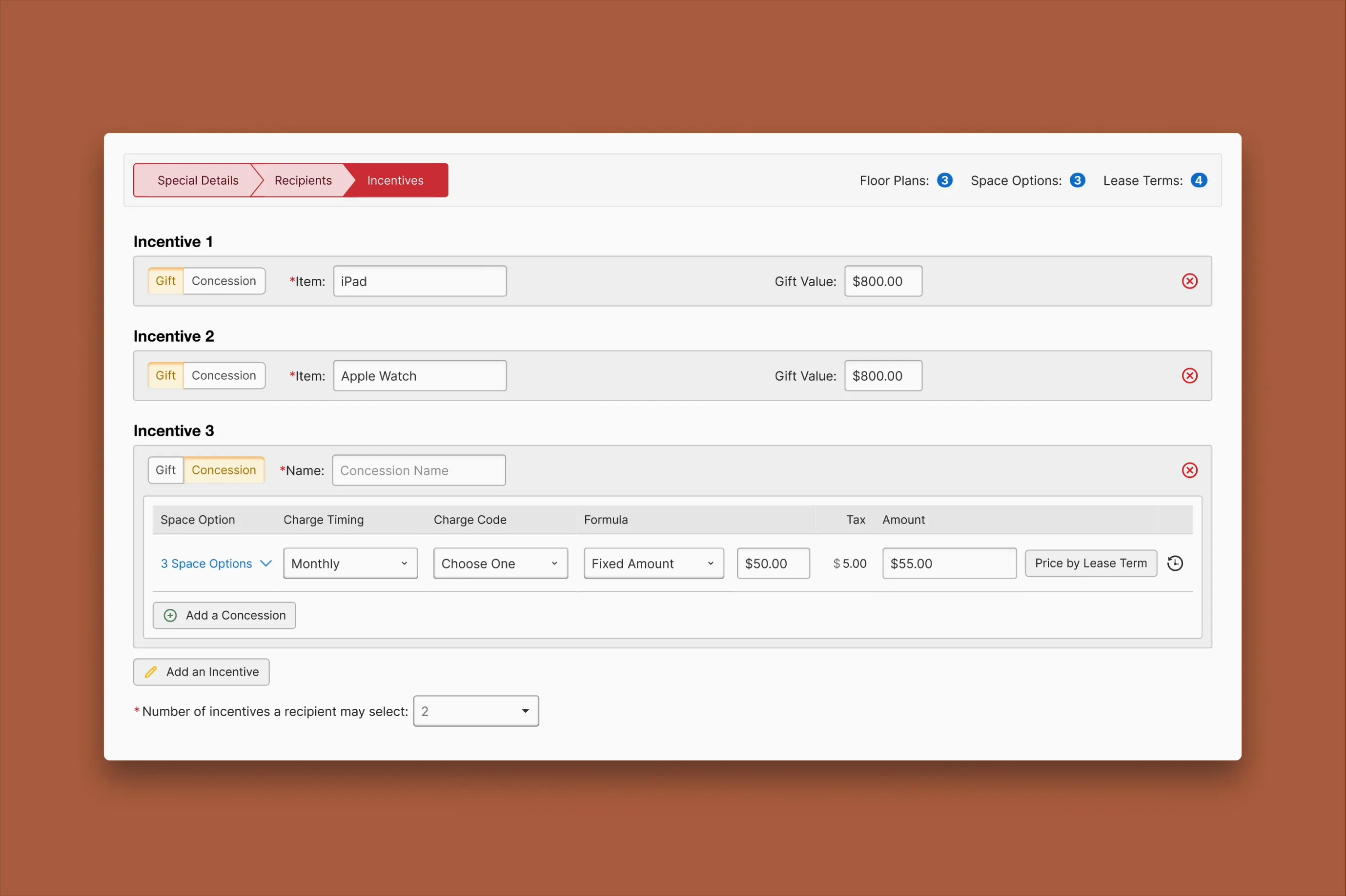 Add Special create flow: Details, Recipients, and Incentives steps, with gifts and a concession on one special.